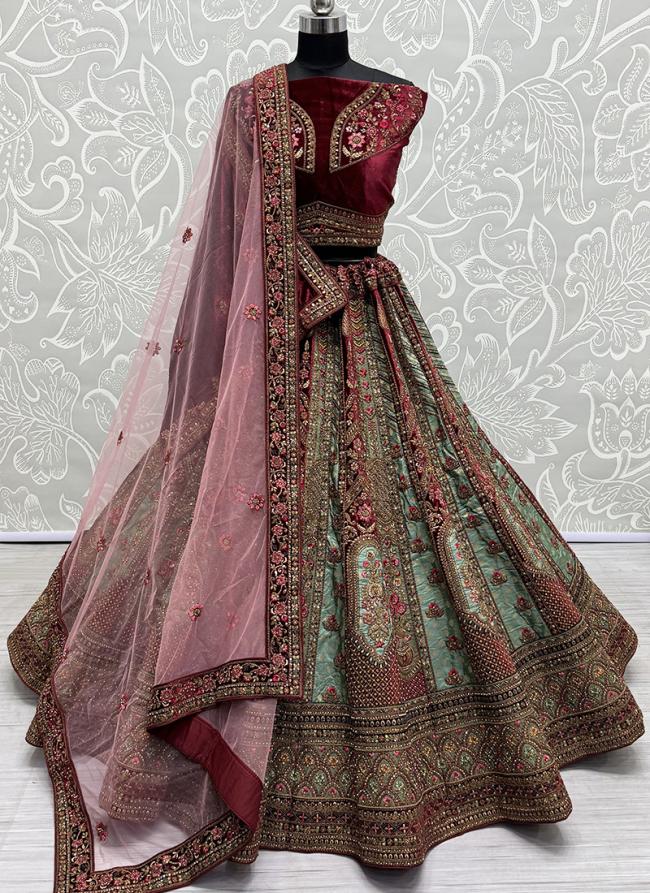 Velvet Pista Bridal Wear Embroidery Work Lehenga Choli